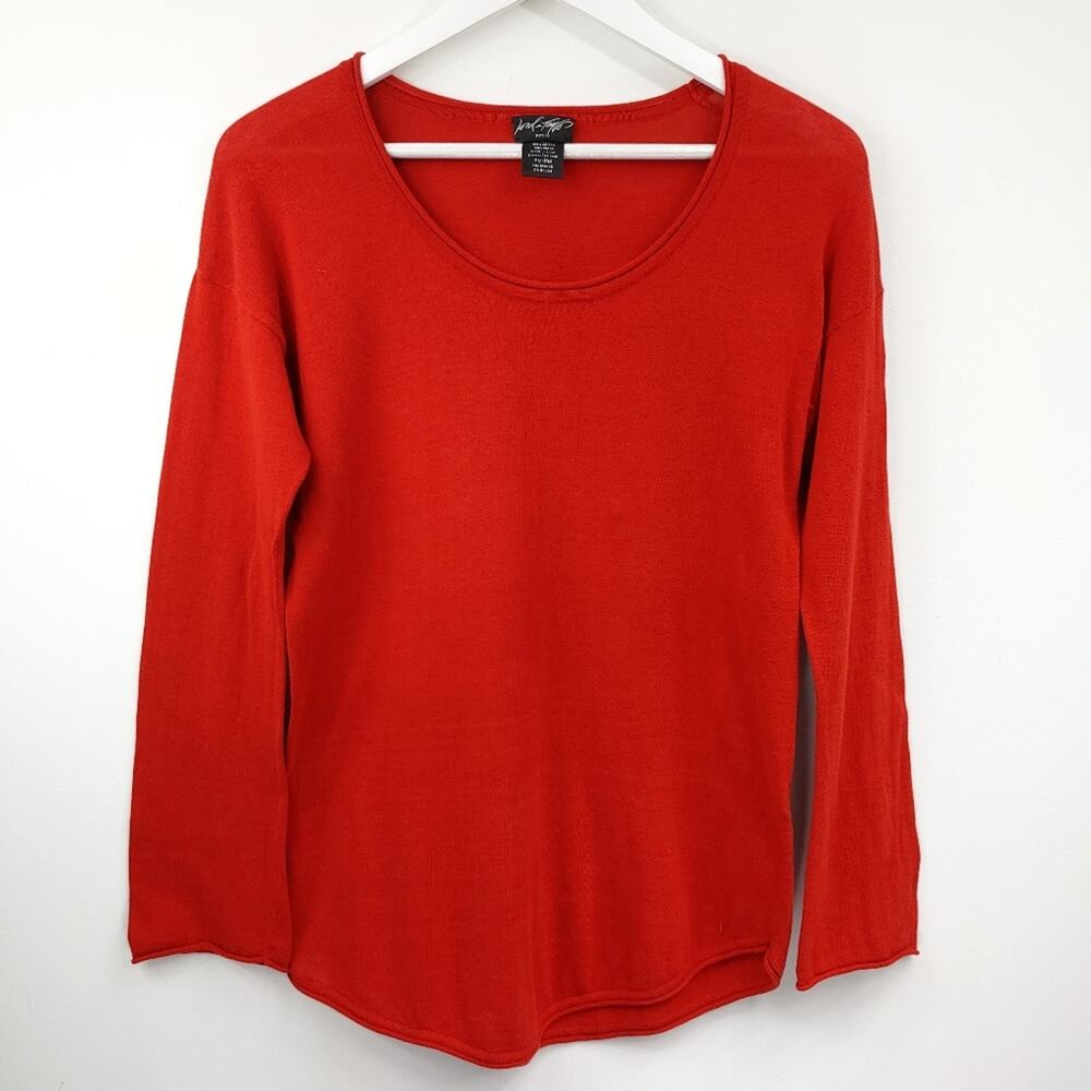 Lord & Taylor long sleeve scoop neck knit top curved hem Petite M PM